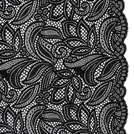 Stretch Raschel Lace with Finished Edges - Black Swirling Gardens