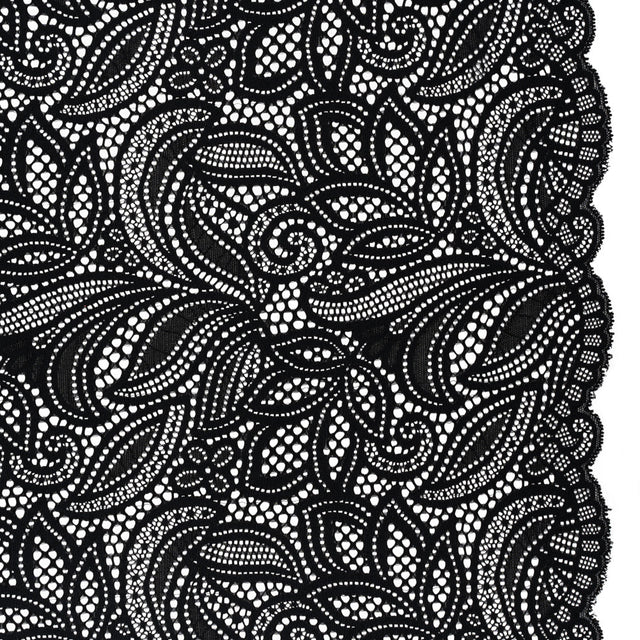 Stretch Raschel Lace with Finished Edges - Black Swirling Gardens