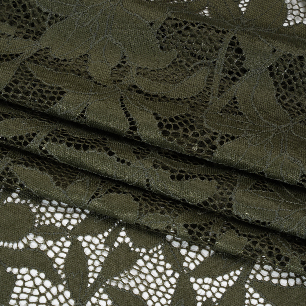 Recycled Stretch Raschel Lace with Finished Edges - Algae Green Dancing Lilies