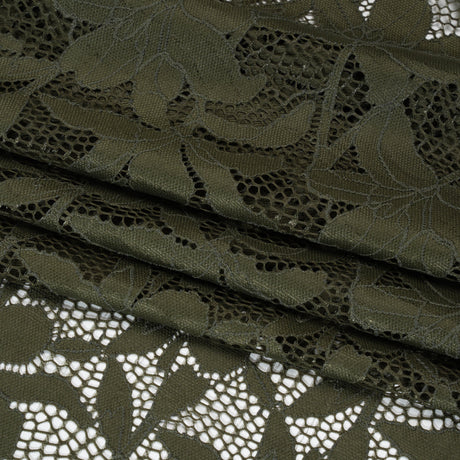 Recycled Stretch Raschel Lace with Finished Edges - Algae Green Dancing Lilies