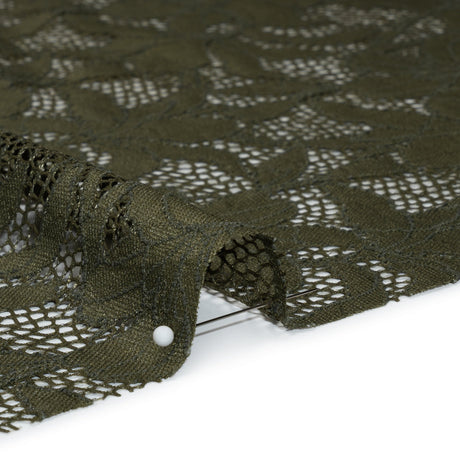 Recycled Stretch Raschel Lace with Finished Edges - Algae Green Dancing Lilies