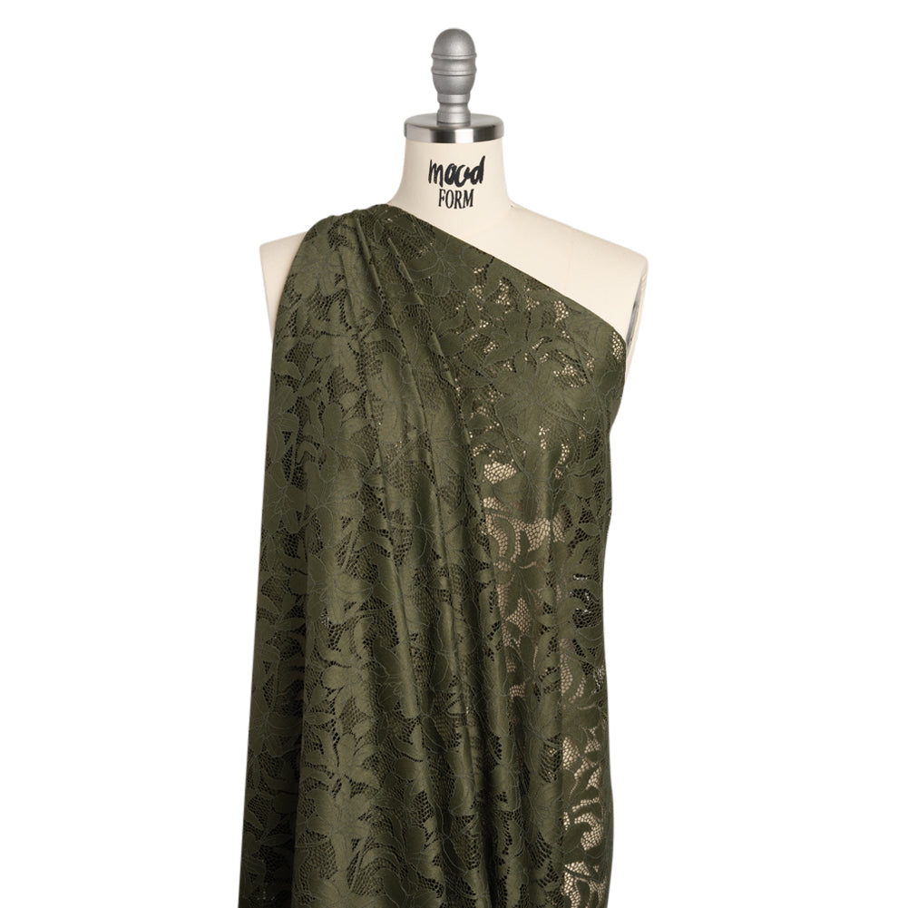 Recycled Stretch Raschel Lace with Finished Edges - Algae Green Dancing Lilies