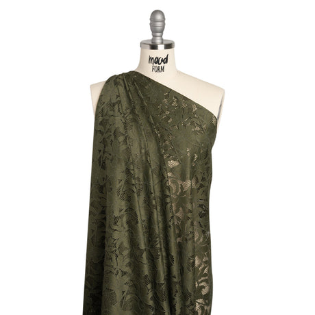 Recycled Stretch Raschel Lace with Finished Edges - Algae Green Dancing Lilies