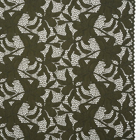 Recycled Stretch Raschel Lace with Finished Edges - Algae Green Dancing Lilies