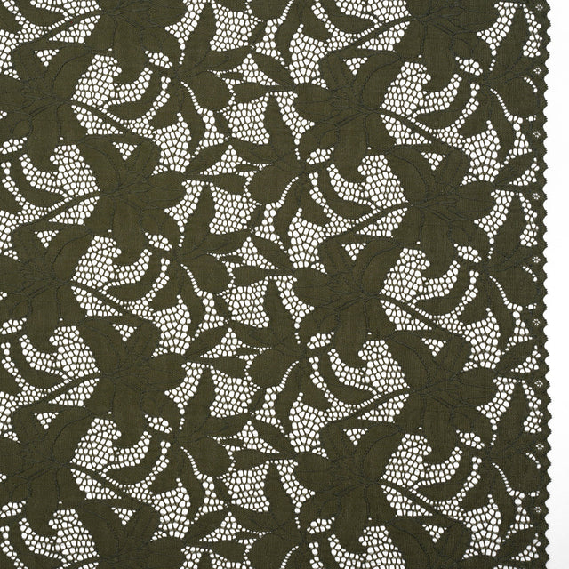 Recycled Stretch Raschel Lace with Finished Edges - Algae Green Dancing Lilies