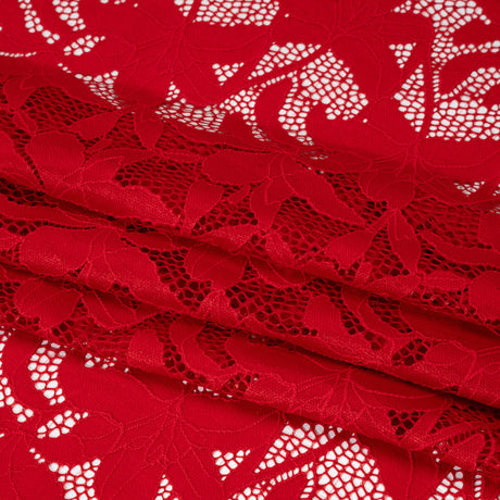 Recycled Stretch Raschel Lace with Finished Edges - Cherry Red Dancing Lilies