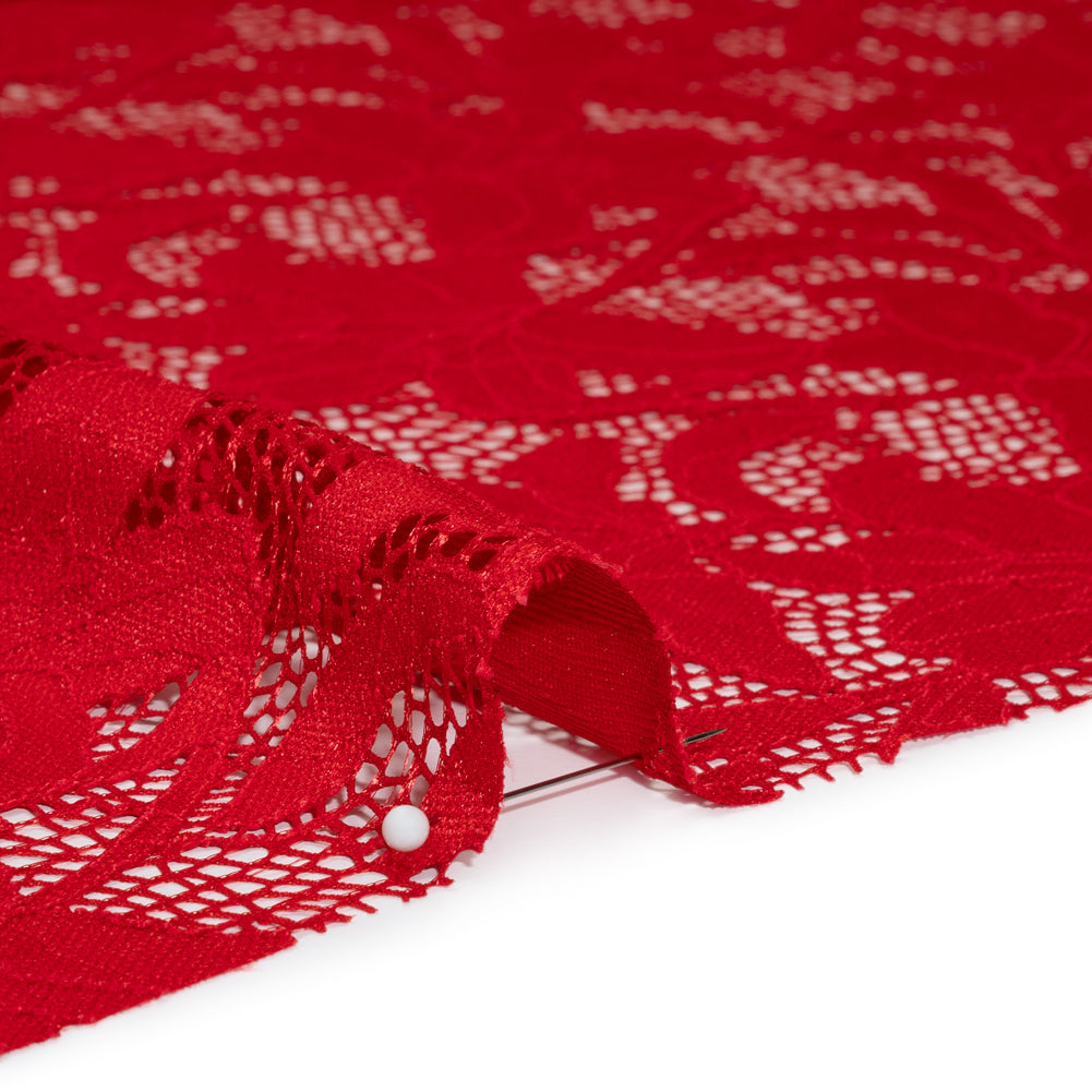 Recycled Stretch Raschel Lace with Finished Edges - Cherry Red Dancing Lilies