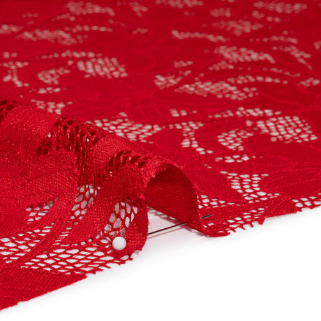 Recycled Stretch Raschel Lace with Finished Edges - Cherry Red Dancing Lilies