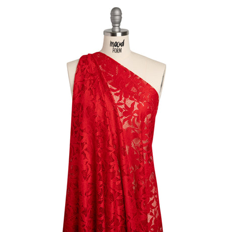 Recycled Stretch Raschel Lace with Finished Edges - Cherry Red Dancing Lilies