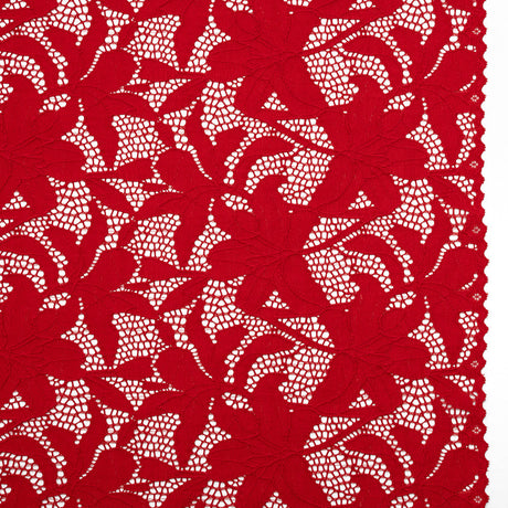 Recycled Stretch Raschel Lace with Finished Edges - Cherry Red Dancing Lilies