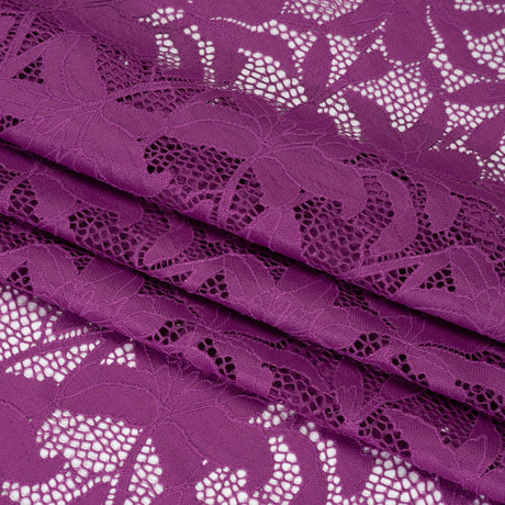 Recycled Stretch Raschel Lace with Finished Edges - Anemone Purple Dancing Lilies