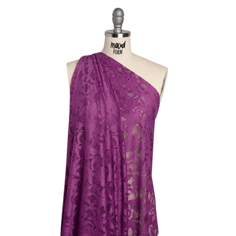 Recycled Stretch Raschel Lace with Finished Edges - Anemone Purple Dancing Lilies