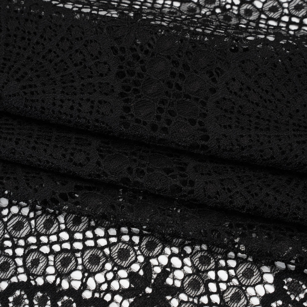Nylon Raschel Lace Panel with Finished Scalloped Edges - Black Floral Medallions