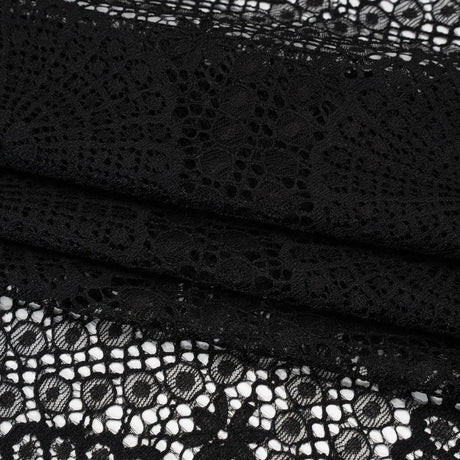 Nylon Raschel Lace Panel with Finished Scalloped Edges - Black Floral Medallions