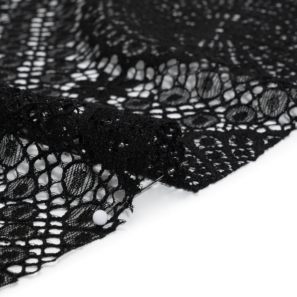 Nylon Raschel Lace Panel with Finished Scalloped Edges - Black Floral Medallions