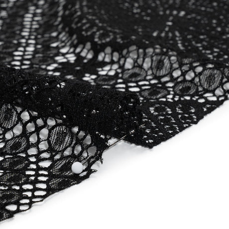 Nylon Raschel Lace Panel with Finished Scalloped Edges - Black Floral Medallions