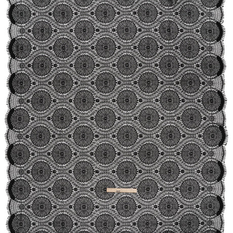 Nylon Raschel Lace Panel with Finished Scalloped Edges - Black Floral Medallions