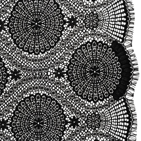 Nylon Raschel Lace Panel with Finished Scalloped Edges - Black Floral Medallions