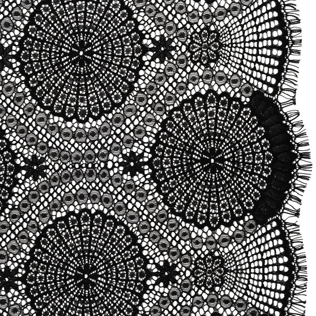 Nylon Raschel Lace Panel with Finished Scalloped Edges - Black Floral Medallions