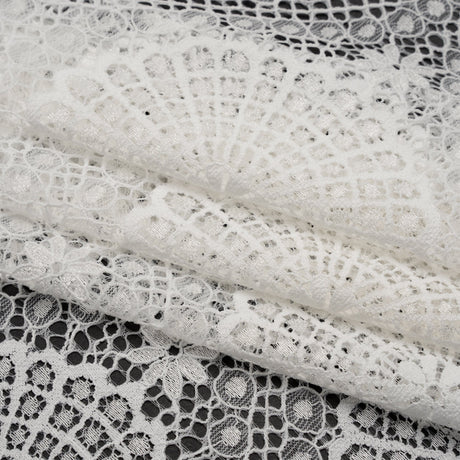 Nylon Raschel Lace Panel with Finished Scalloped Edges - Ivory Floral Medallions