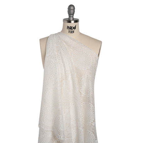 Nylon Raschel Lace Panel with Finished Scalloped Edges - Ivory Floral Medallions