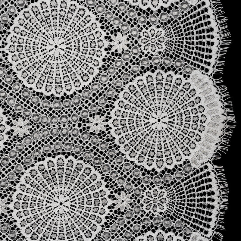 Nylon Raschel Lace Panel with Finished Scalloped Edges - Ivory Floral Medallions