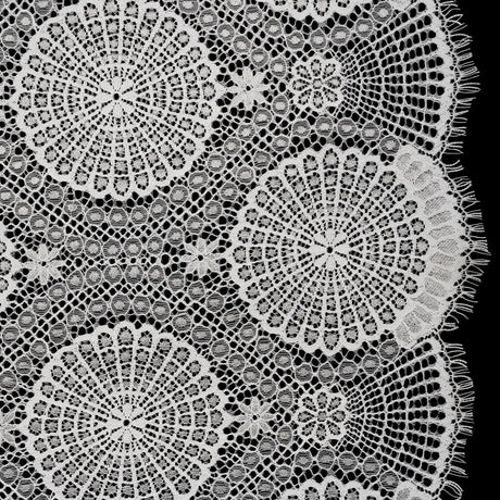 Nylon Raschel Lace Panel with Finished Scalloped Edges - Ivory Floral Medallions