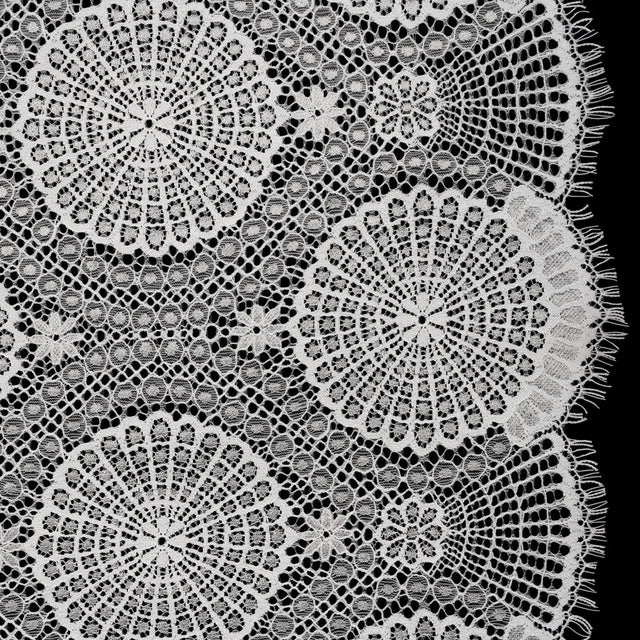 Nylon Raschel Lace Panel with Finished Scalloped Edges - Ivory Floral Medallions