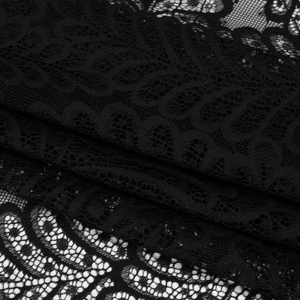 Nylon Raschel Lace Panel with Finished Scalloped Edges - Black Fern Leaves