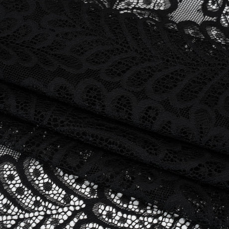 Nylon Raschel Lace Panel with Finished Scalloped Edges - Black Fern Leaves