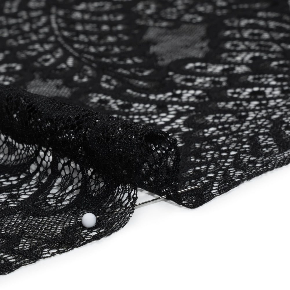 Nylon Raschel Lace Panel with Finished Scalloped Edges - Black Fern Leaves