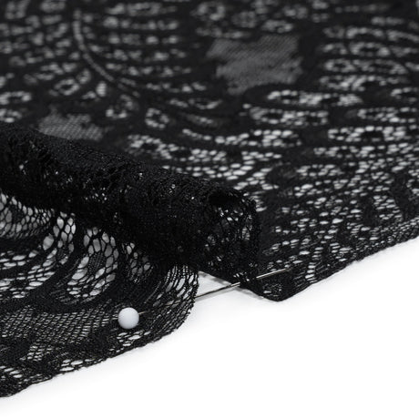 Nylon Raschel Lace Panel with Finished Scalloped Edges - Black Fern Leaves