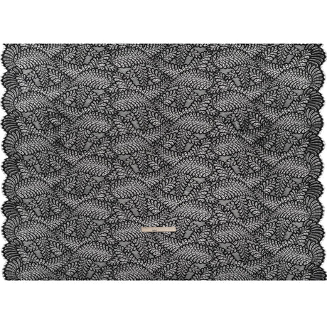 Nylon Raschel Lace Panel with Finished Scalloped Edges - Black Fern Leaves