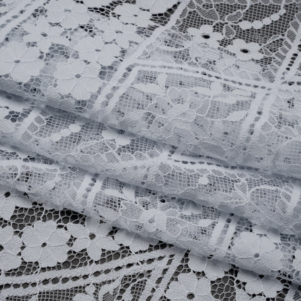 Cotton and Nylon Re-Embroidered Lace Panel with Finished Edges - Pale Blue and Ivory Diamonds and Flowers