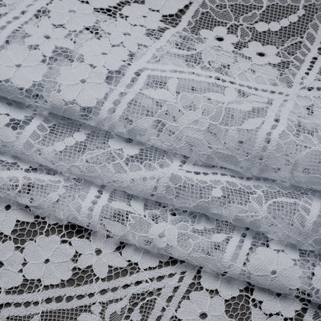 Cotton and Nylon Re-Embroidered Lace Panel with Finished Edges - Pale Blue and Ivory Diamonds and Flowers
