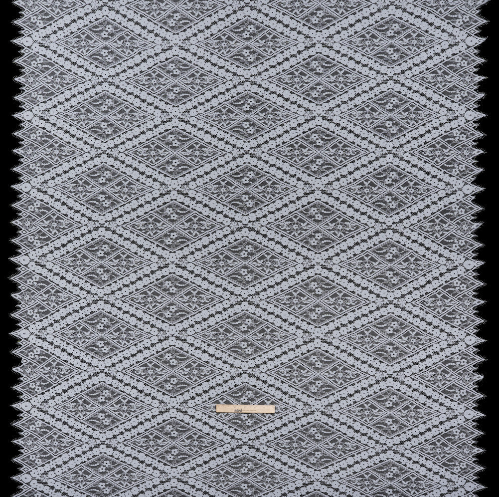 Cotton and Nylon Re-Embroidered Lace Panel with Finished Edges - Pale Blue and Ivory Diamonds and Flowers