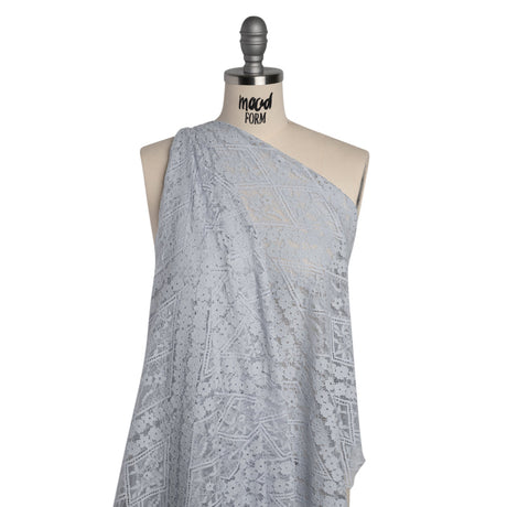 Cotton and Nylon Re-Embroidered Lace Panel with Finished Edges - Pale Blue and Ivory Diamonds and Flowers