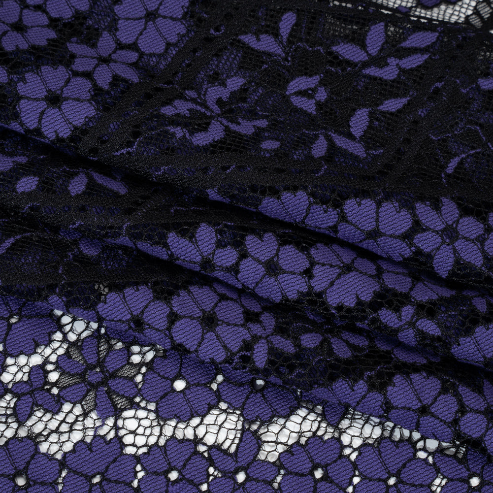 Cotton and Nylon Re-Embroidered Lace Panel with Finished Edges - Black and Blue Iris Diamonds and Flowers