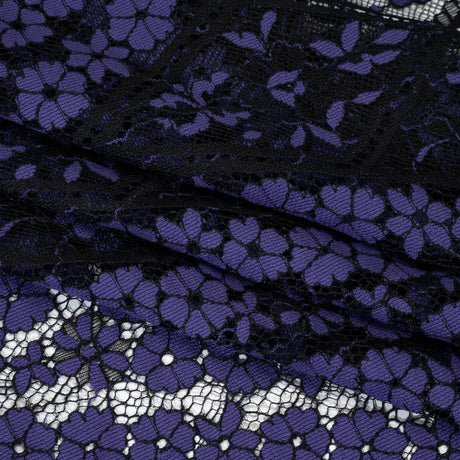 Cotton and Nylon Re-Embroidered Lace Panel with Finished Edges - Black and Blue Iris Diamonds and Flowers