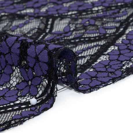 Cotton and Nylon Re-Embroidered Lace Panel with Finished Edges - Black and Blue Iris Diamonds and Flowers