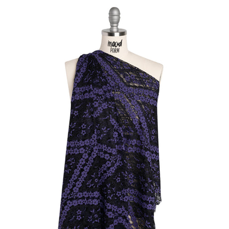 Cotton and Nylon Re-Embroidered Lace Panel with Finished Edges - Black and Blue Iris Diamonds and Flowers