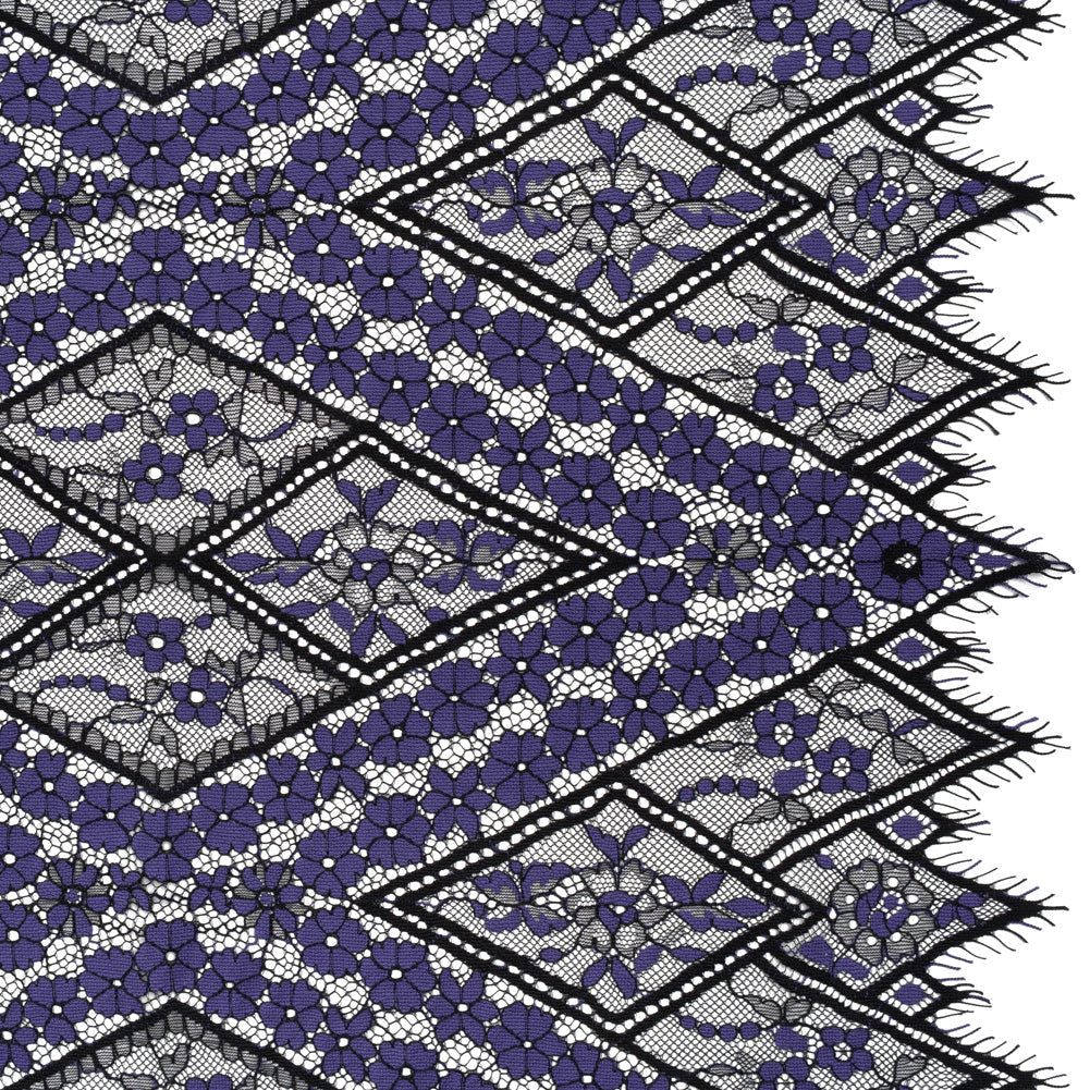 Cotton and Nylon Re-Embroidered Lace Panel with Finished Edges - Black and Blue Iris Diamonds and Flowers