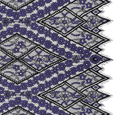 Cotton and Nylon Re-Embroidered Lace Panel with Finished Edges - Black and Blue Iris Diamonds and Flowers