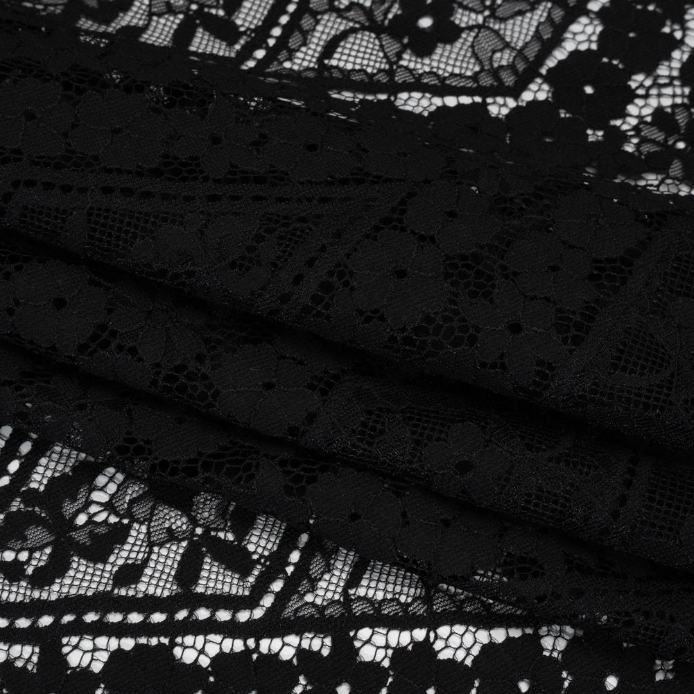 Cotton and Nylon Re-Embroidered Lace Panel with Finished Edges - Black Diamonds and Flowers