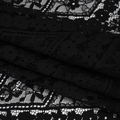 Cotton and Nylon Re-Embroidered Lace Panel with Finished Edges - Black Diamonds and Flowers