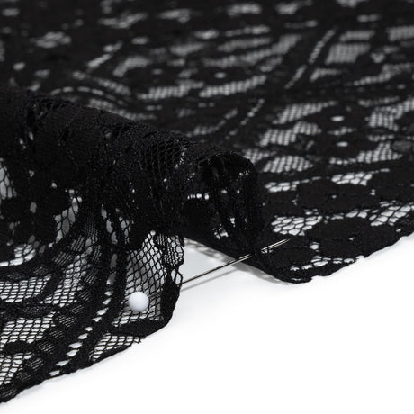 Cotton and Nylon Re-Embroidered Lace Panel with Finished Edges - Black Diamonds and Flowers