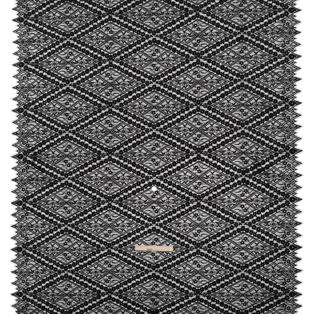 Cotton and Nylon Re-Embroidered Lace Panel with Finished Edges - Black Diamonds and Flowers