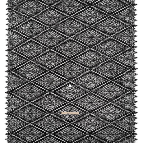 Cotton and Nylon Re-Embroidered Lace Panel with Finished Edges - Black Diamonds and Flowers