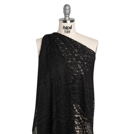 Cotton and Nylon Re-Embroidered Lace Panel with Finished Edges - Black Diamonds and Flowers