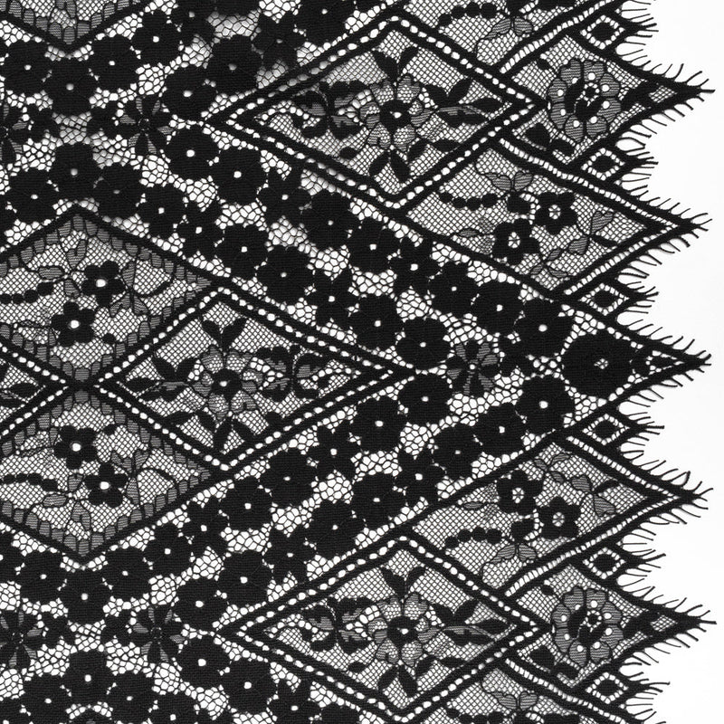 Cotton and Nylon Re-Embroidered Lace Panel with Finished Edges - Black Diamonds and Flowers